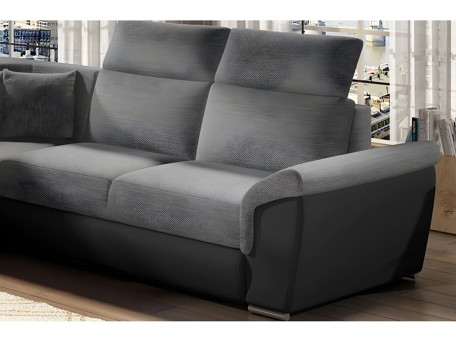 Canapé d'angle - convertible - FELIPE - en tissu gris clair et simili cuir gris foncé, 5/6 places