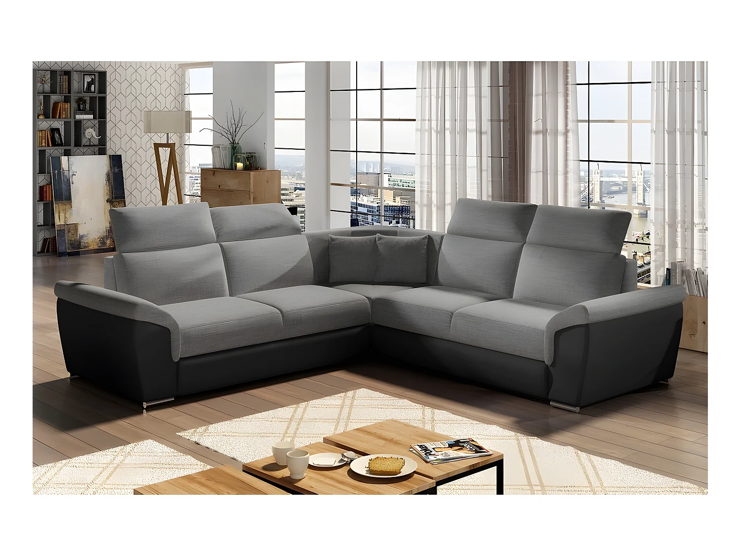Canapé d'angle - convertible - FELIPE - en tissu gris clair et simili cuir gris foncé, 5/6 places