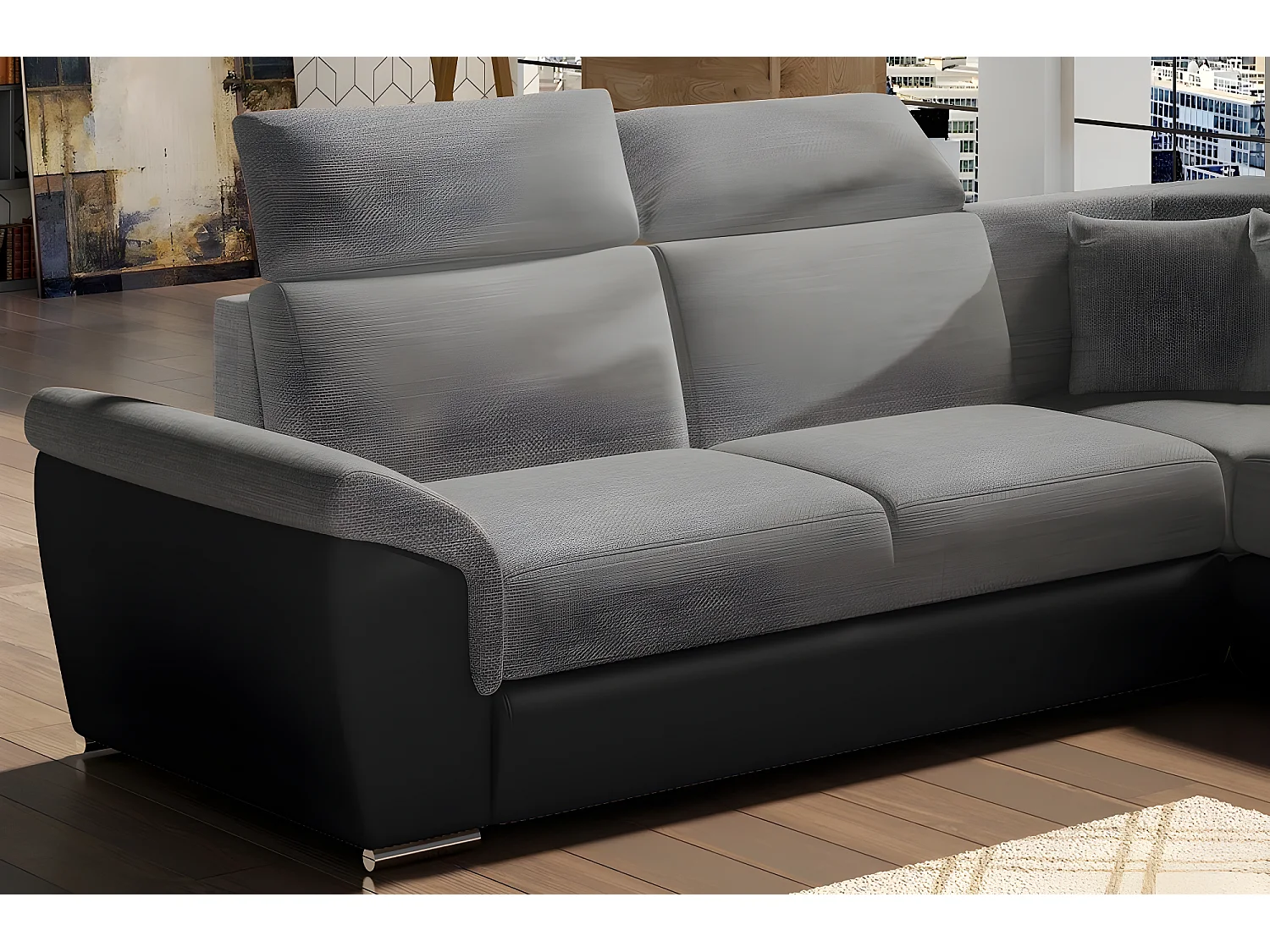 Canapé d'angle - convertible - FELIPE - en tissu gris clair et simili cuir gris foncé, 5/6 places