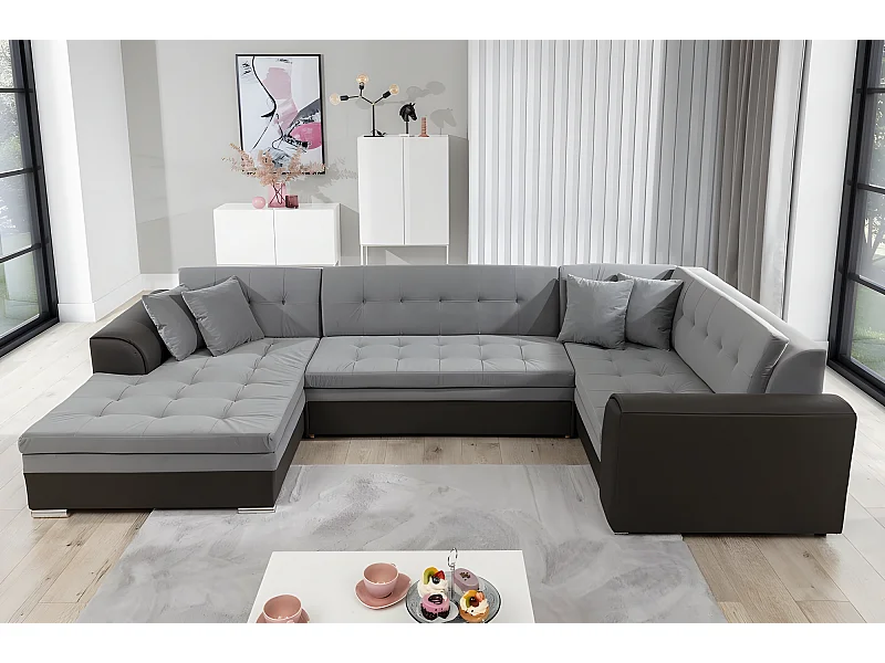 Canapé panoramique convertible - DAMIEN VELOURS - en tissu gris de qualité et caisse simili noir, 7 places, méridienne à gauche et angle à droite (vu de face)