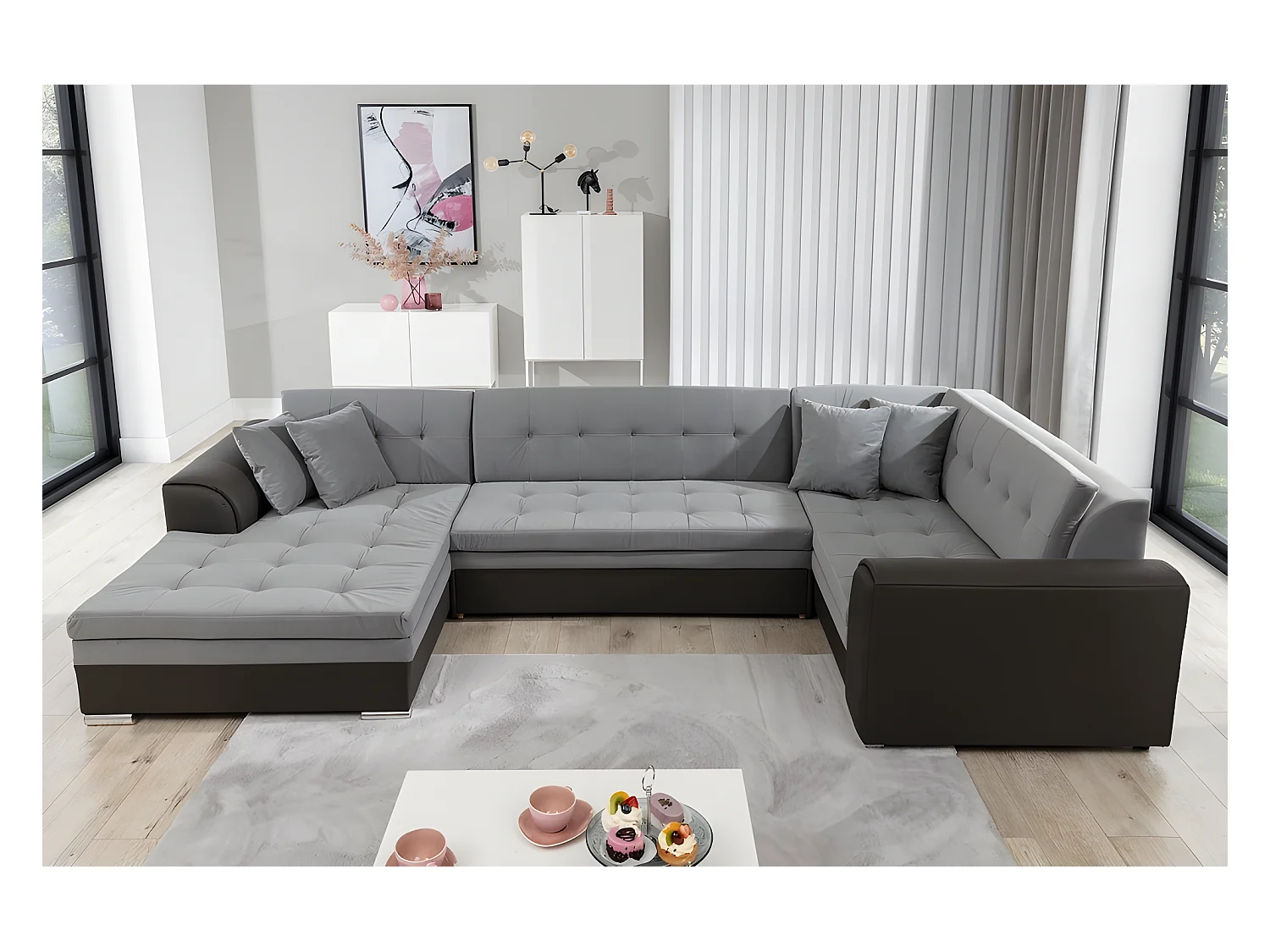 Canapé panoramique convertible - DAMIEN VELOURS - en tissu gris de qualité et caisse simili noir, 7 places, méridienne à gauche et angle à droite (vu de face)