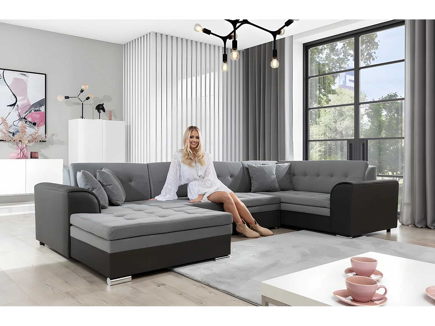 Kwalitatieve grijze stoffen panoramische slaapbank - DAMIEN VELOURS - 7 plaatsen met links een chaise longue en rechts een hoek