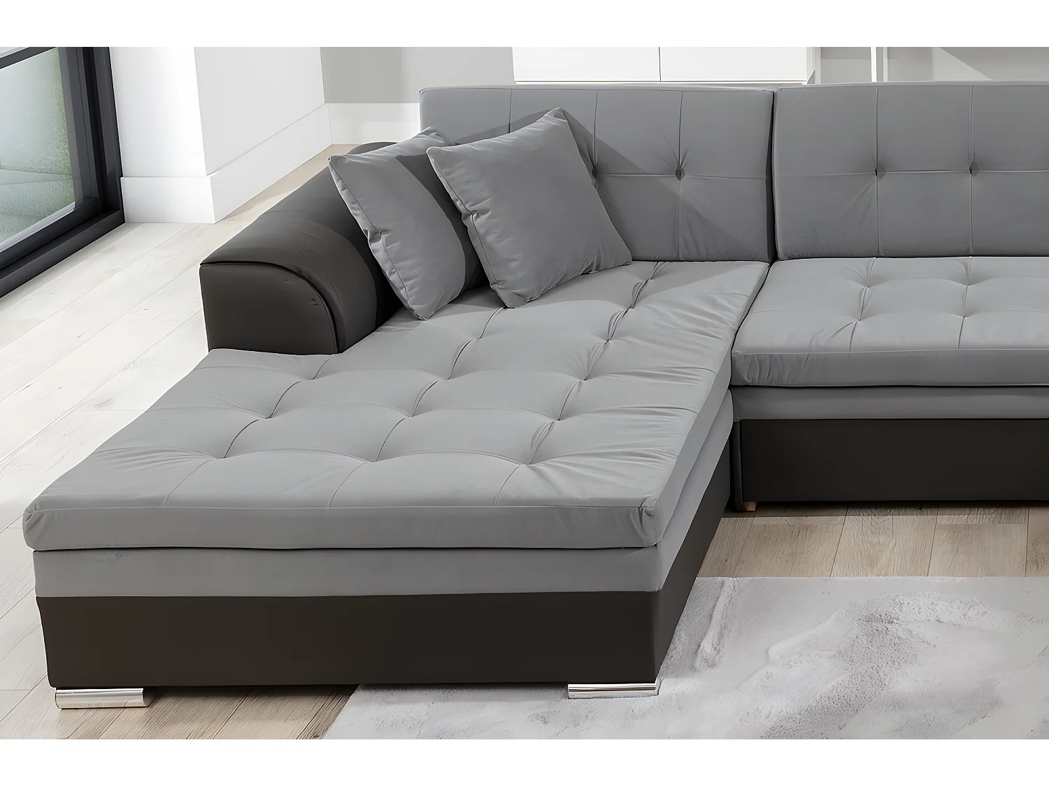 Kwalitatieve grijze stoffen panoramische slaapbank - DAMIEN VELOURS - 7 plaatsen met links een chaise longue en rechts een hoek