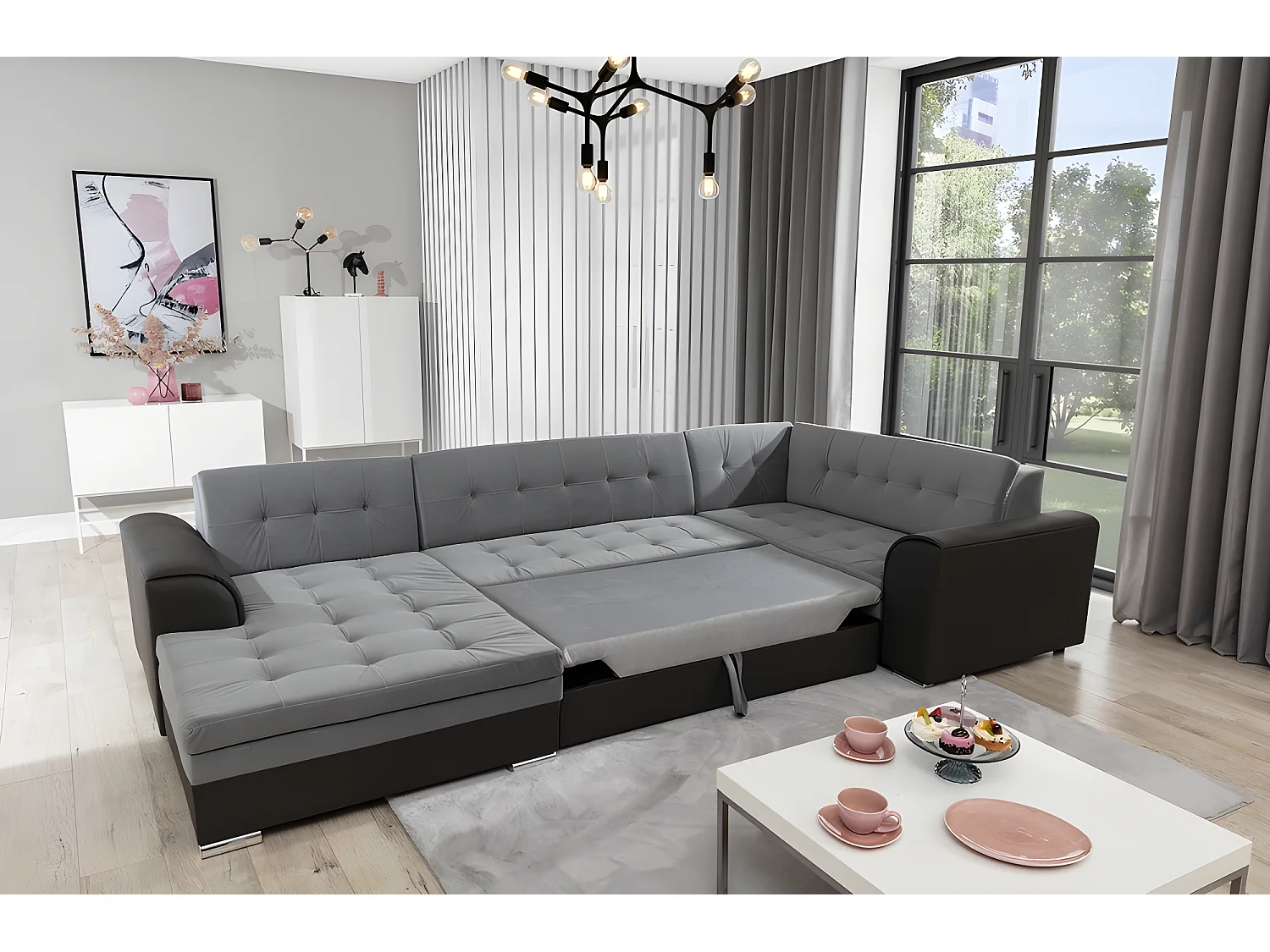 Kwalitatieve grijze stoffen panoramische slaapbank - DAMIEN VELOURS - 7 plaatsen met links een chaise longue en rechts een hoek