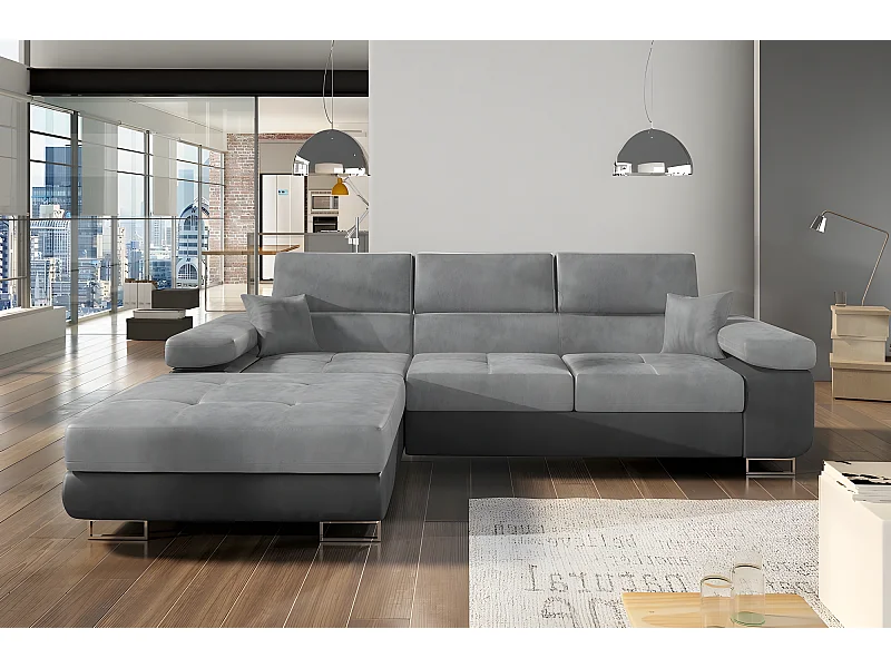 Canapé d'angle convertible ARMEL en tissu luxe 5 places, gris clair / gris foncé, bicolore, avec coffre, angle gauche (vu de face)