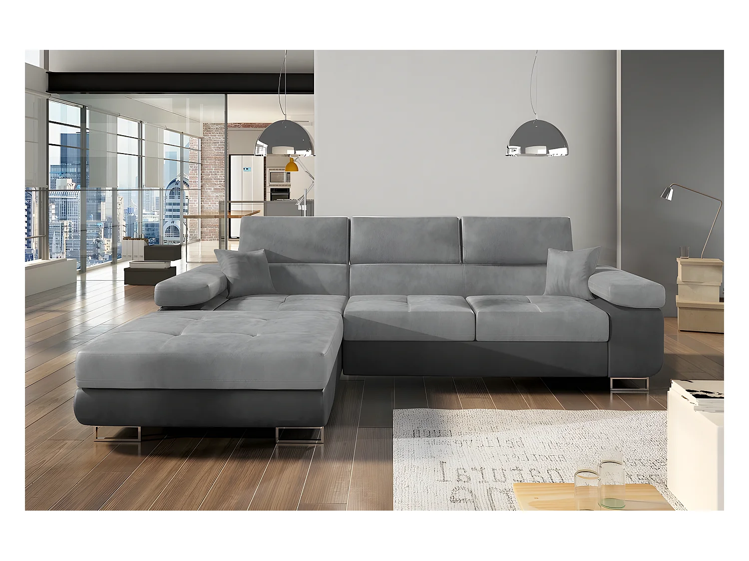 Canapé d'angle convertible ARMEL en tissu luxe 5 places, gris clair / gris foncé, bicolore, avec coffre, angle gauche (vu de face)
