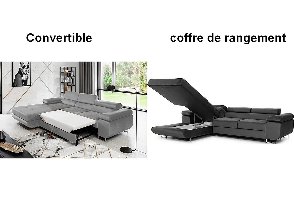 Canapé d'angle gauche convertible 5 places en velours gris foncé ARMEL