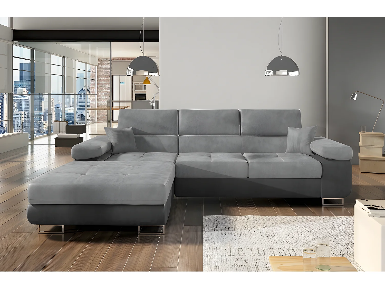 Canapé d'angle convertible ARMEL en tissu luxe 5 places, gris clair / gris foncé, bicolore, avec coffre, angle gauche (vu de face)