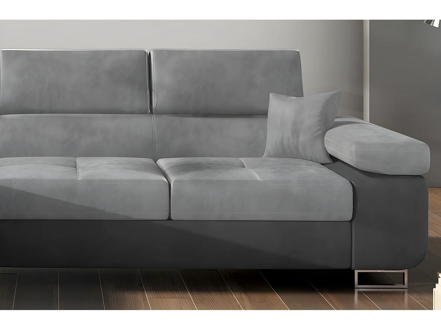 Canapé d'angle convertible ARMEL en tissu luxe 5 places, gris clair / gris foncé, bicolore, avec coffre, angle gauche (vu de face)