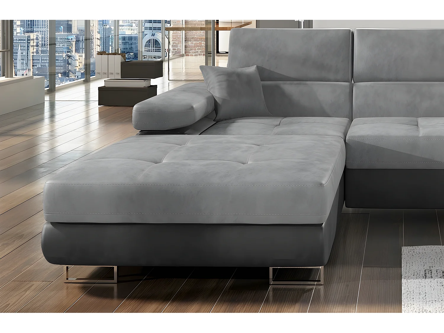 Canapé d'angle convertible ARMEL en tissu luxe 5 places, gris clair / gris foncé, bicolore, avec coffre, angle gauche (vu de face)