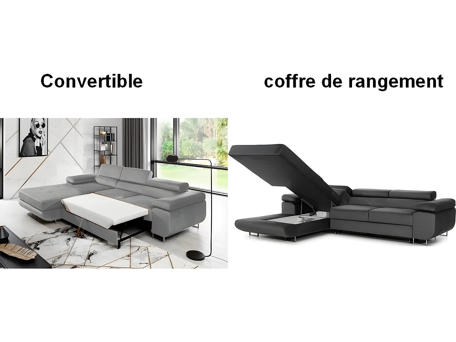 Canapé d'angle convertible ARMEL en tissu luxe 5 places, gris clair / gris foncé, bicolore, avec coffre, angle gauche (vu de face)