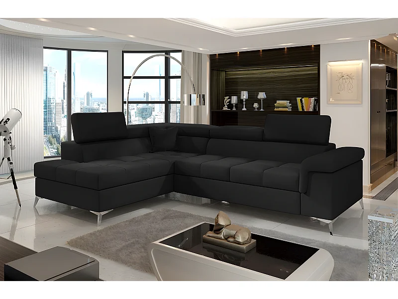 Canapé d'angle convertible - ERNEST - en tissu luxe 5 places, noir, angle gauche (vu de face)