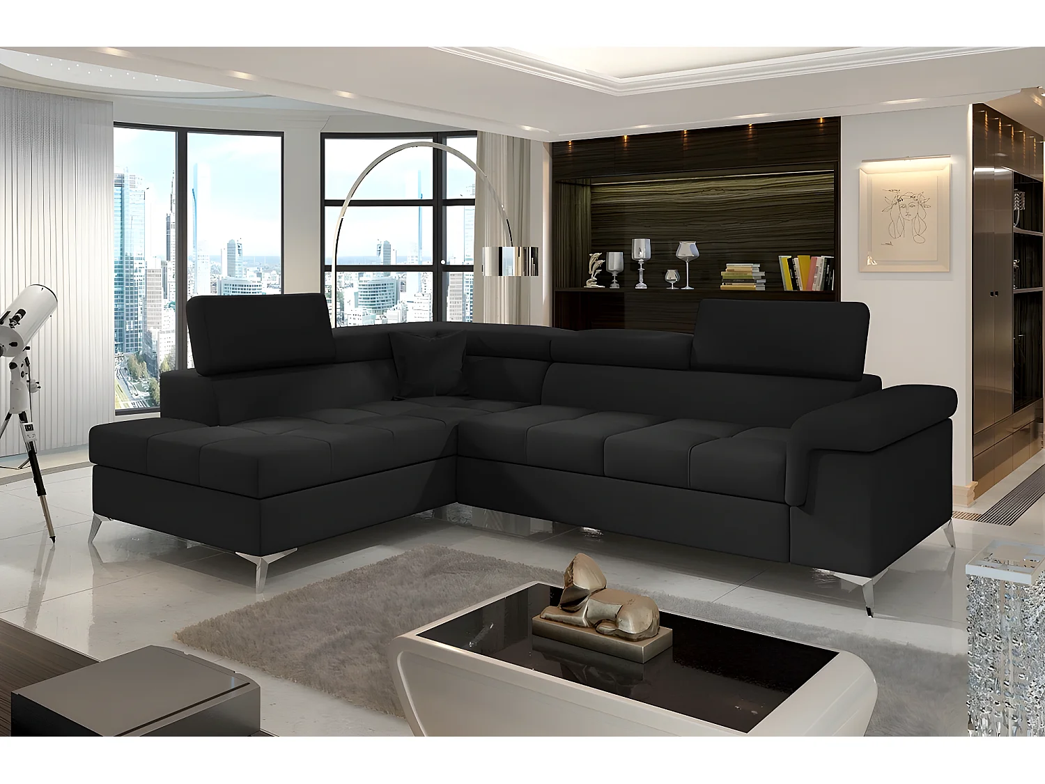 Canapé d'angle convertible - ERNEST - en tissu luxe 5 places, noir, angle gauche (vu de face)