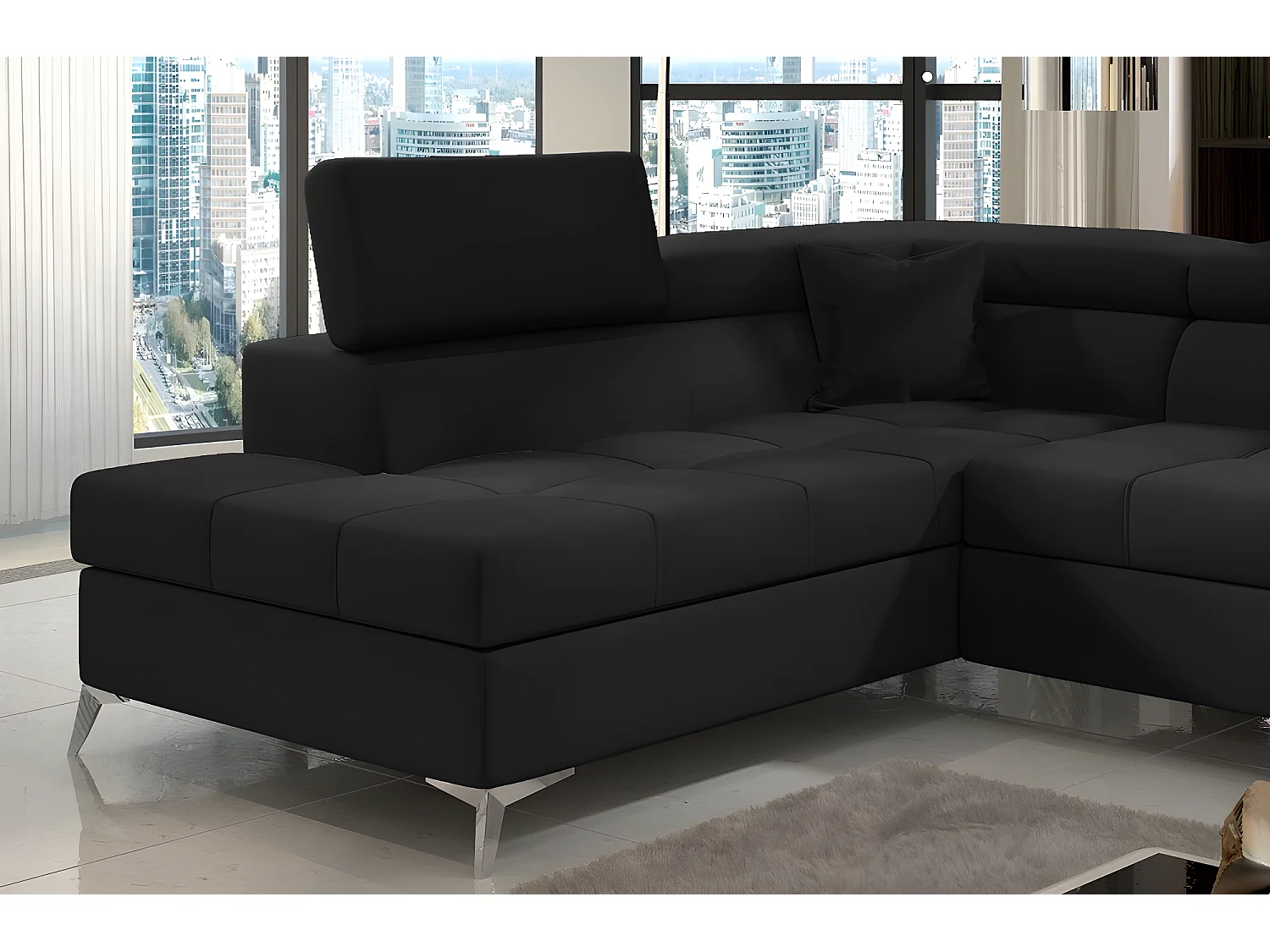 Canapé d'angle convertible - ERNEST - en tissu luxe 5 places, noir, angle gauche (vu de face)