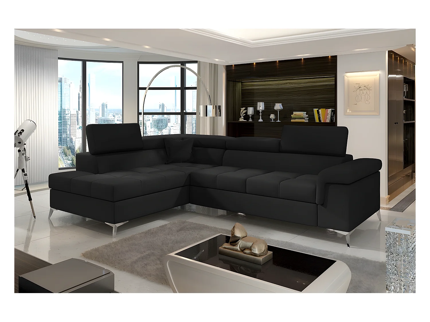 Canapé d'angle convertible - ERNEST - en tissu luxe 5 places, noir, angle gauche (vu de face)