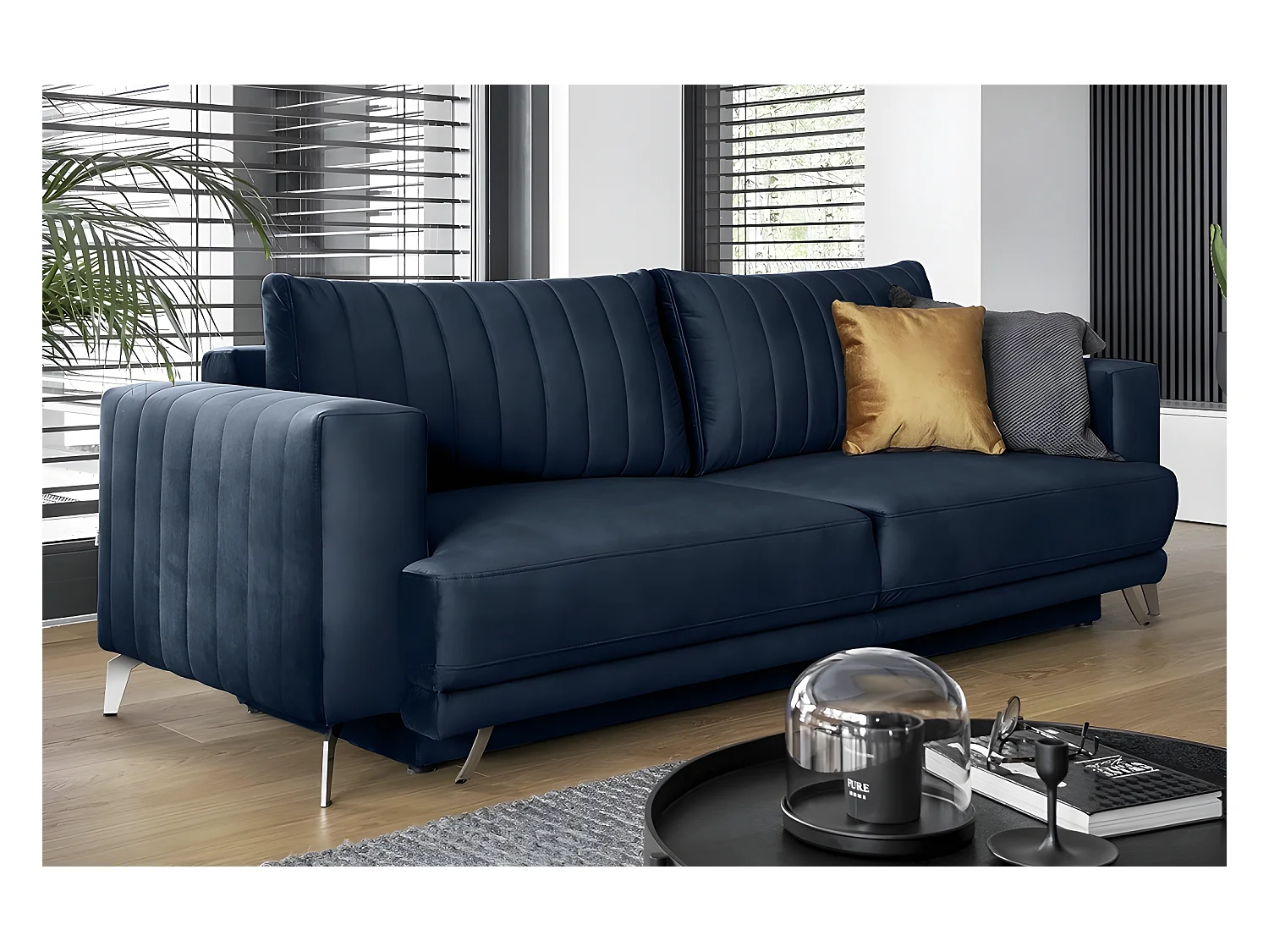 Canapé 3/4 places convertible et espace de rangement - bleu - en tissu de qualité luxe, ELSA