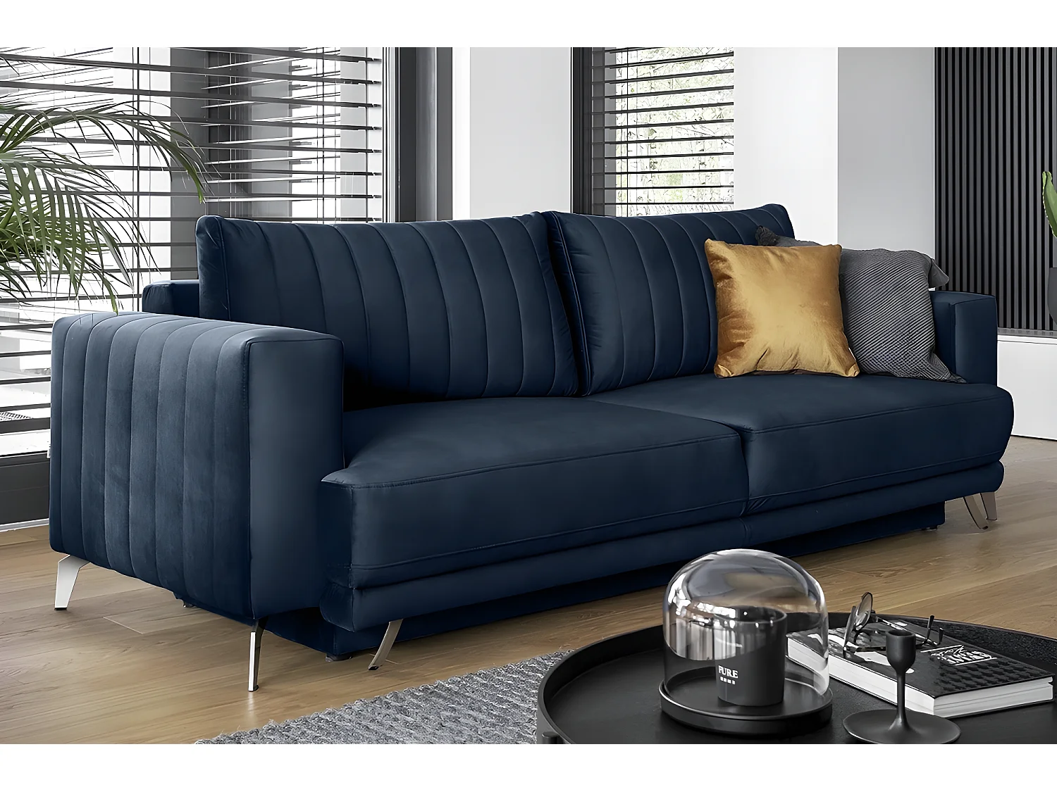 Canapé 3/4 places convertible et espace de rangement - bleu - en tissu de qualité luxe, ELSA