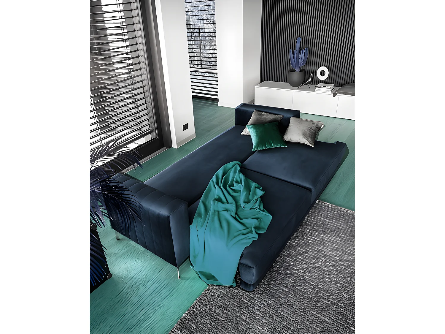 Canapé 3/4 places convertible et espace de rangement - bleu - en tissu de qualité luxe, ELSA