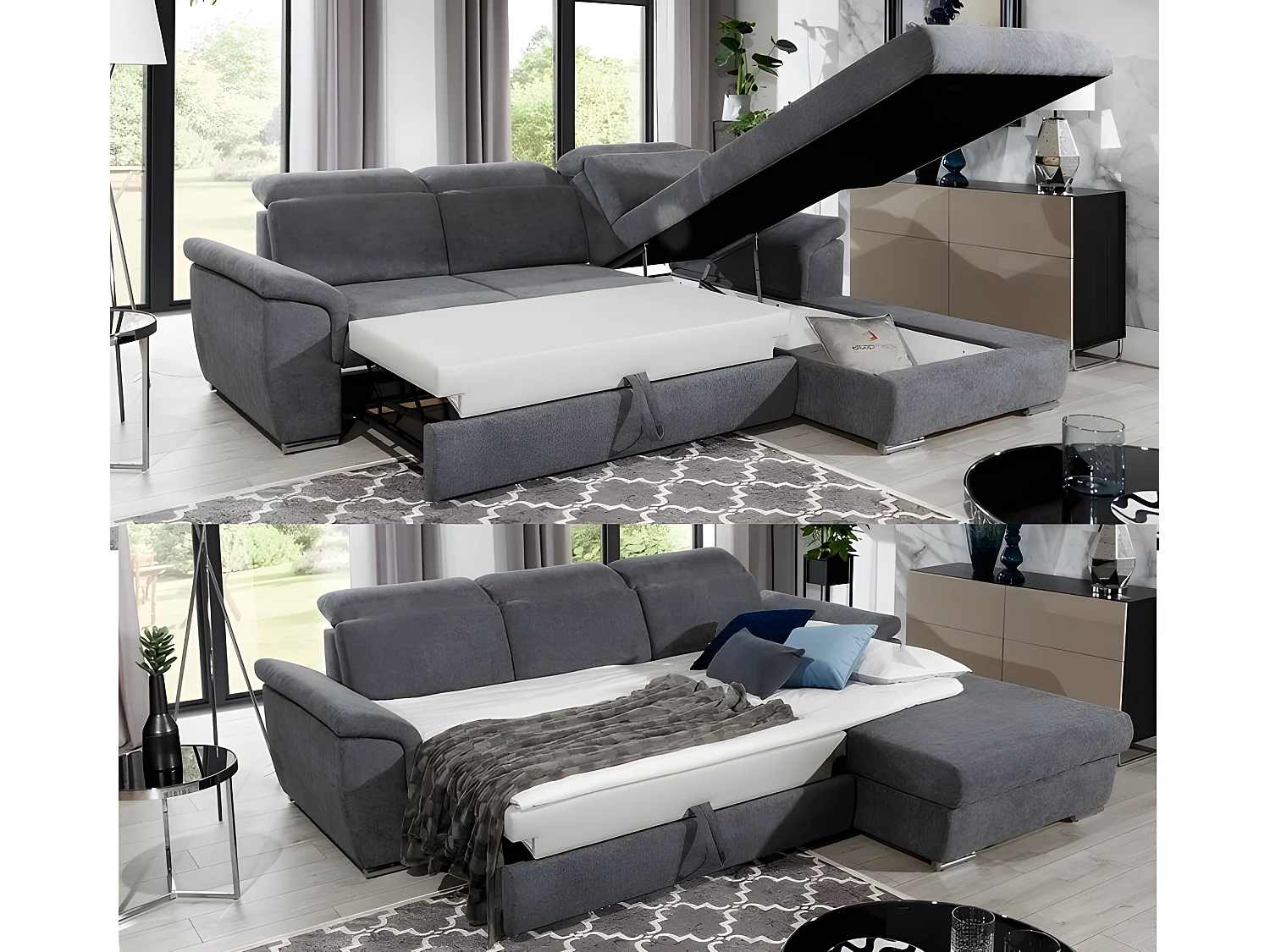 Canapé d'angle convertible en tissu velours Prestige, vert, 5 places, angle droit (vu de face) - TRESOR