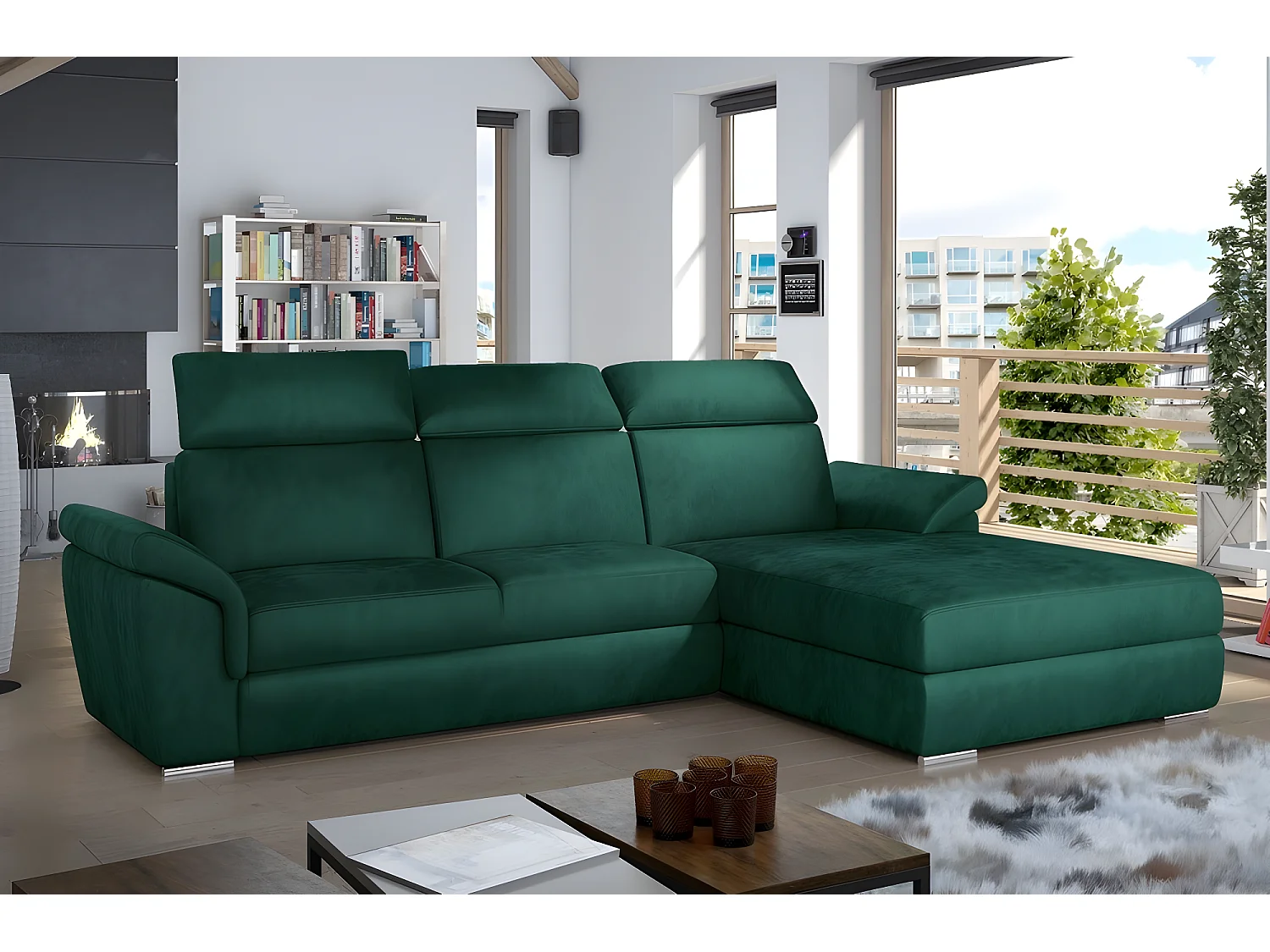 Canapé d'angle convertible en tissu velours Prestige, vert, 5 places, angle droit (vu de face) - TRESOR