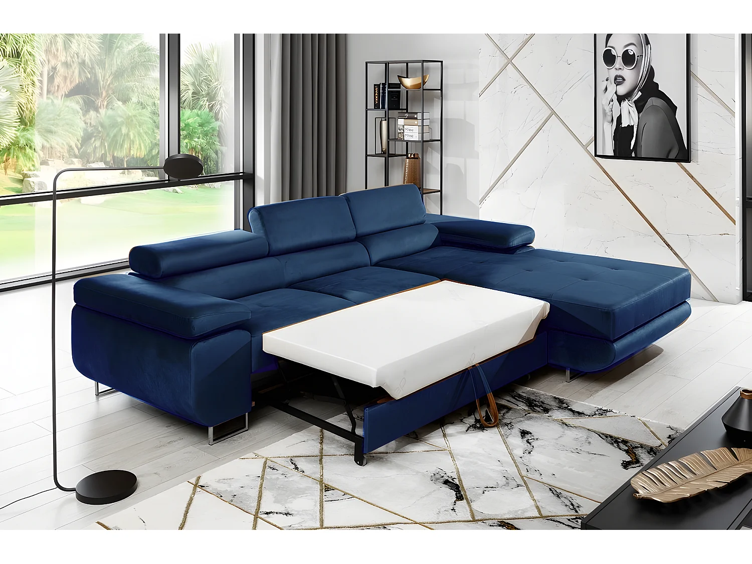 Canapé d'angle convertible ARMEL en tissu velours luxe 5 places, couleur bleu foncé, avec coffre, angle droit (vu de face)