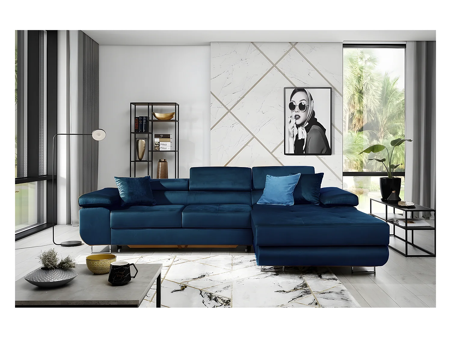 Canapé d'angle convertible ARMEL en tissu velours luxe 5 places, couleur bleu foncé, avec coffre, angle droit (vu de face)
