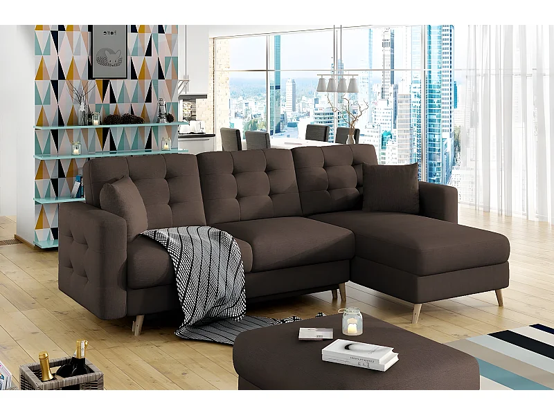 Canapé d'angle convertible ASSIA en tissu de qualité 5 places, marron foncé, angle droit (vu de face)