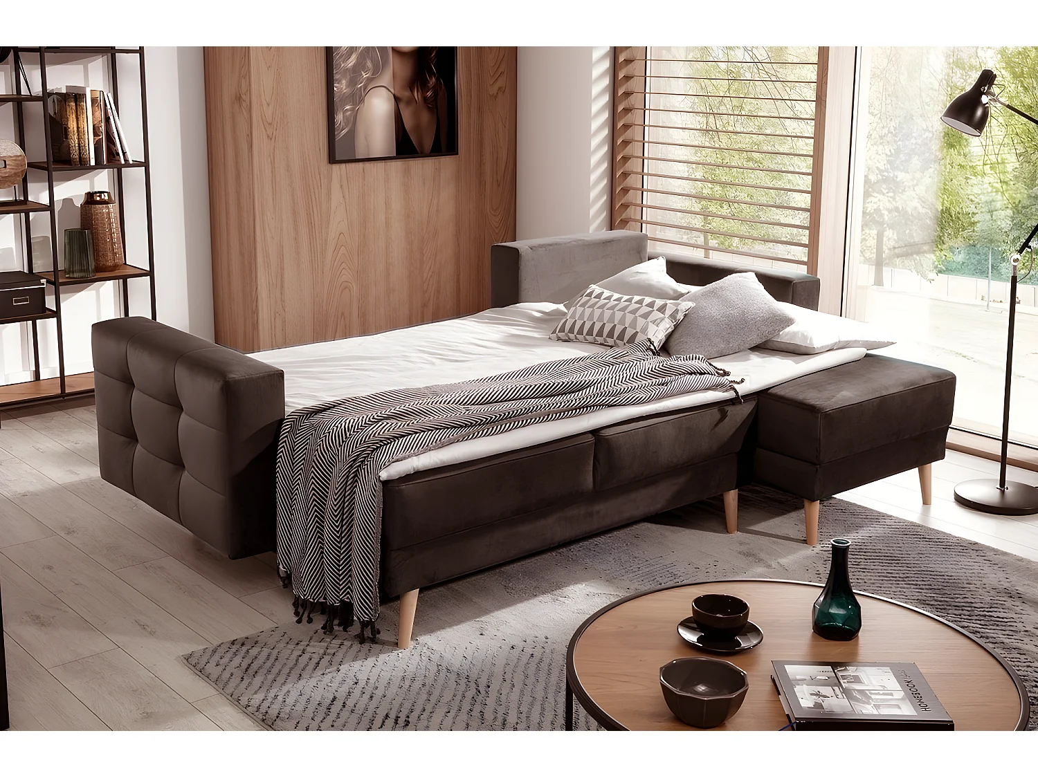 Canapé d'angle convertible ASSIA en tissu de qualité 5 places, marron foncé, angle droit (vu de face)