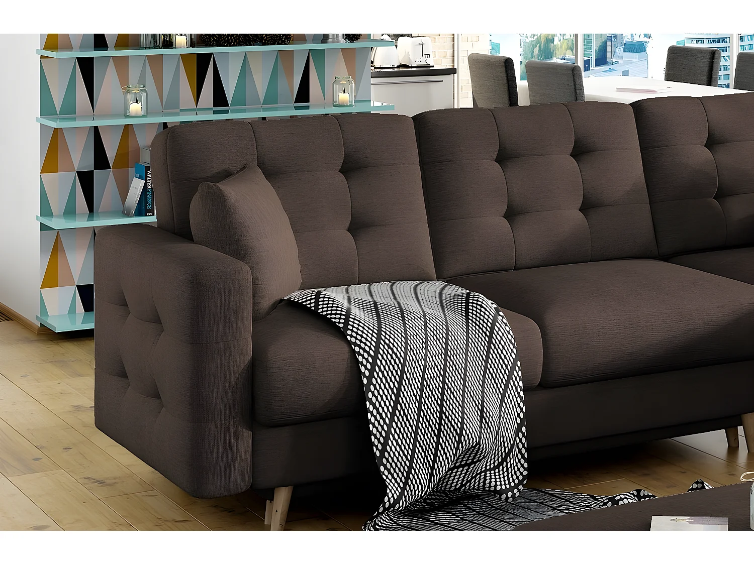 Canapé d'angle convertible ASSIA en tissu de qualité 5 places, marron foncé, angle droit (vu de face)