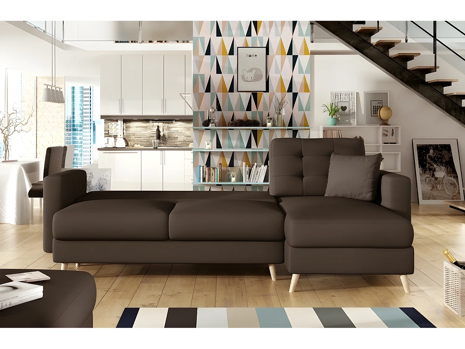 Canapé d'angle convertible ASSIA en tissu de qualité 5 places, marron foncé, angle droit (vu de face)