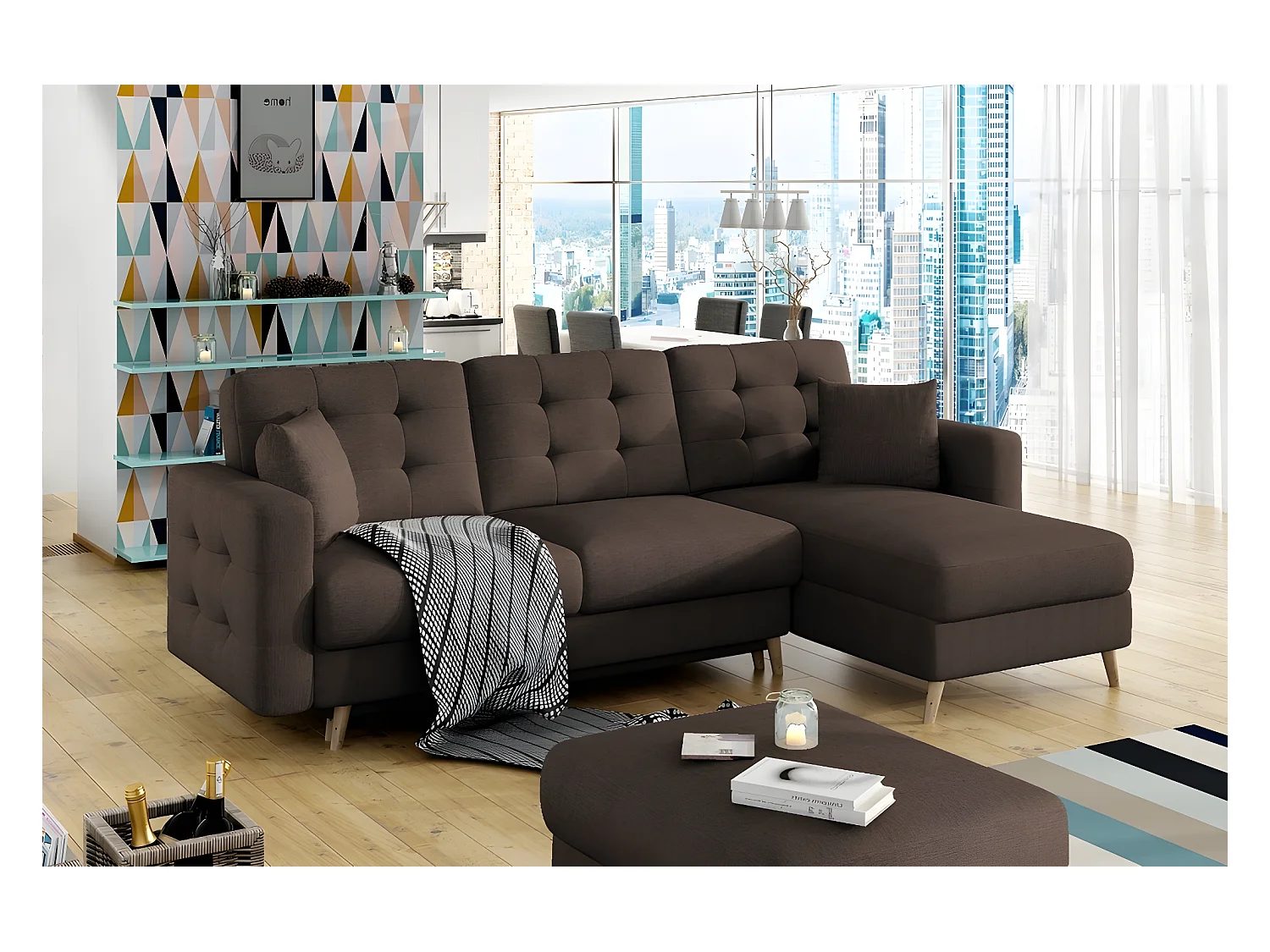 Canapé d'angle convertible ASSIA en tissu de qualité 5 places, marron foncé, angle droit (vu de face)