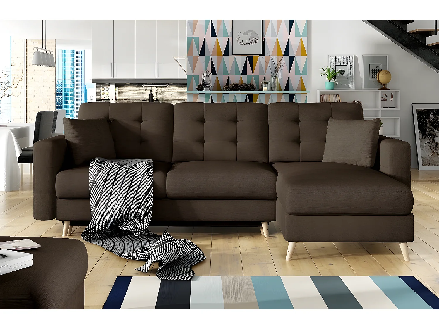 Hoekslaapbank ASSIA, omvormbaar, van kwaliteitsstof, donkerbruin, 5 zitplaatsen