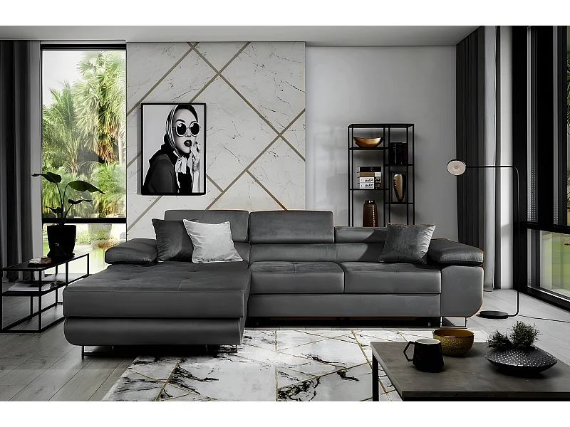 Canapé d'angle convertible ARMEL en tissu velours luxe 5 places, couleur gris anthracite, avec coffre, angle gauche (vu de face)