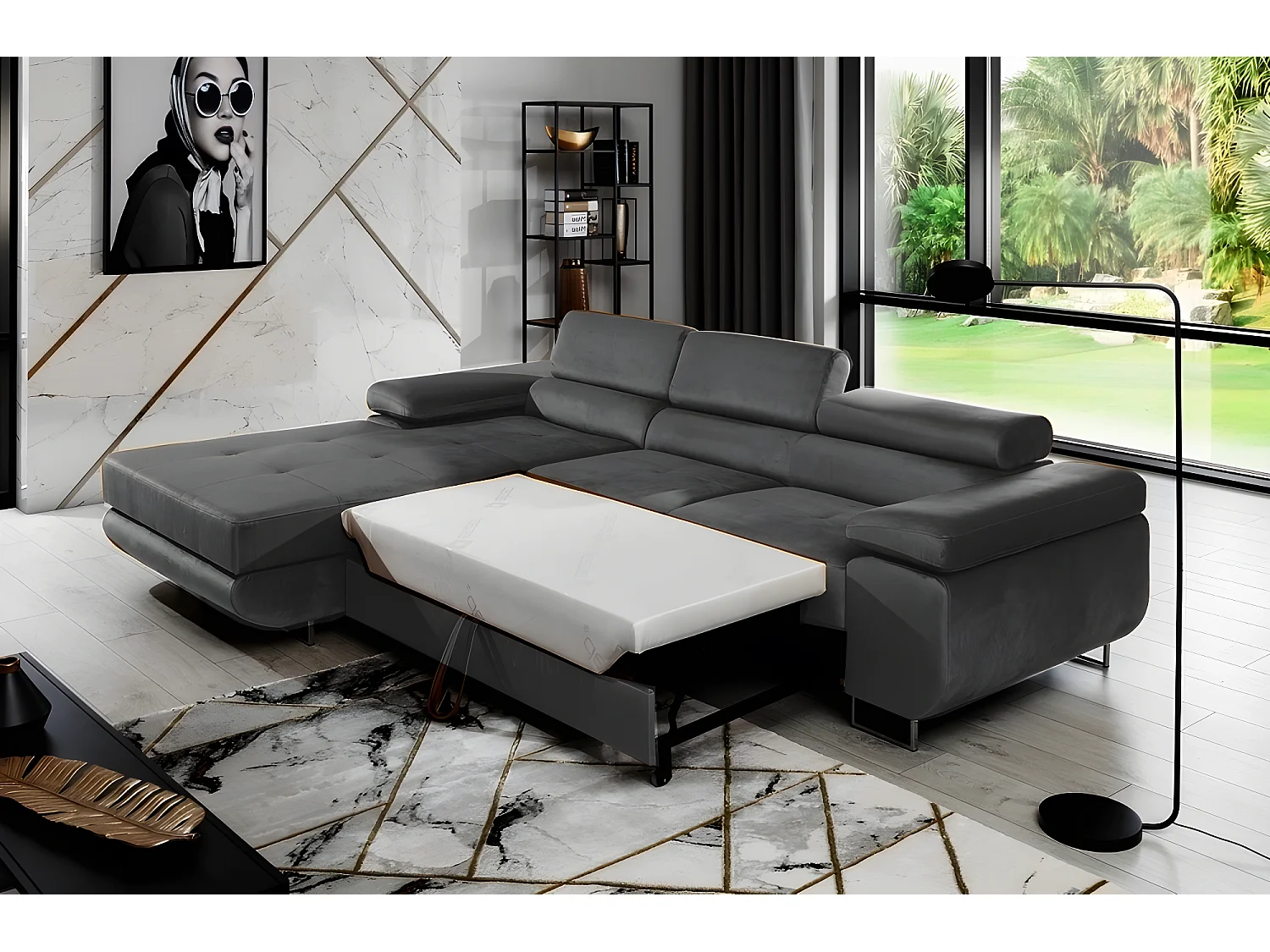 Canapé d'angle convertible ARMEL en tissu velours luxe 5 places, couleur gris anthracite, avec coffre, angle gauche (vu de face)