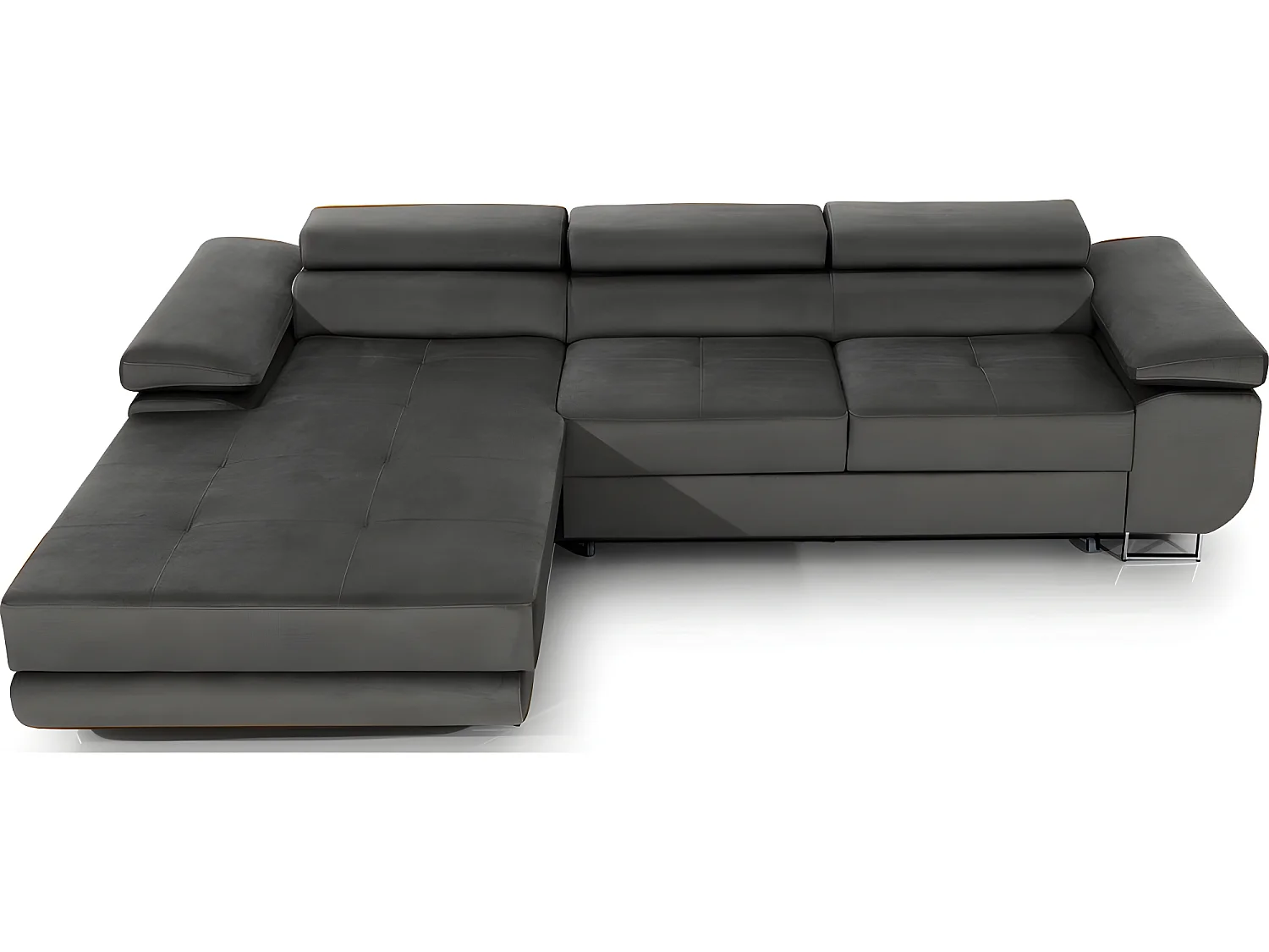 Canapé d'angle convertible ARMEL en tissu velours luxe 5 places, couleur gris anthracite, avec coffre, angle gauche (vu de face)