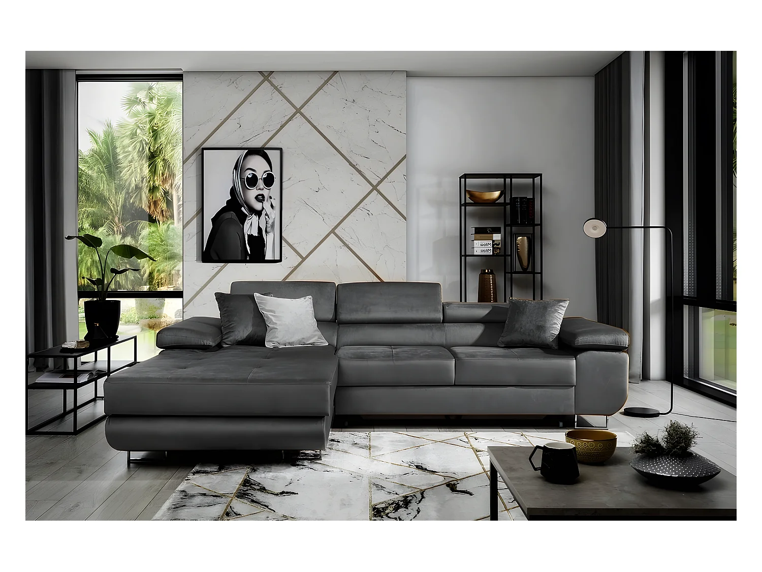 Canapé d'angle convertible ARMEL en tissu velours luxe 5 places, couleur gris anthracite, avec coffre, angle gauche (vu de face)