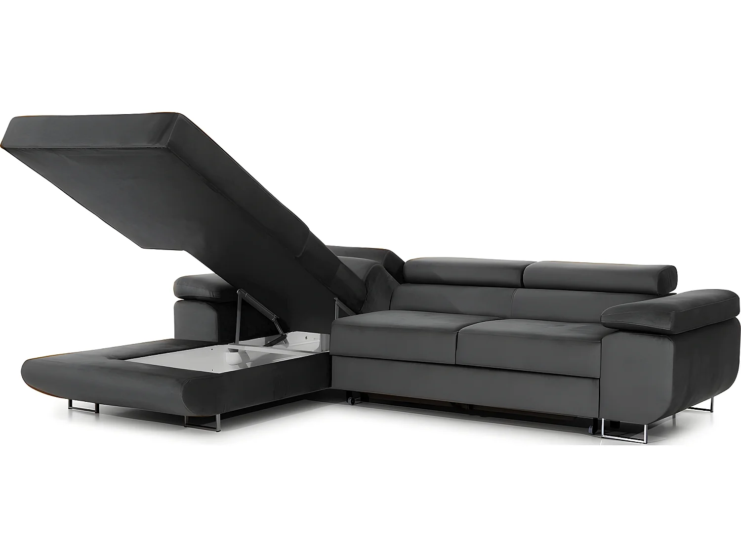 Canapé d'angle convertible ARMEL en tissu velours luxe 5 places, couleur gris anthracite, avec coffre, angle gauche (vu de face)