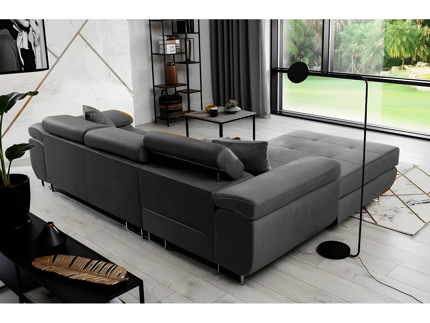 Canapé d'angle convertible ARMEL en tissu velours luxe 5 places, couleur gris anthracite, avec coffre, angle gauche (vu de face)