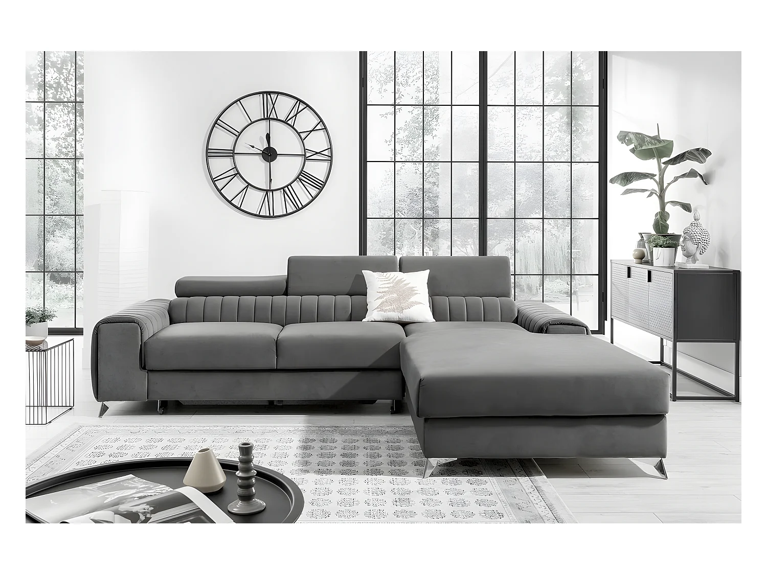 Canapé d'angle convertible en tissu velours Luxe gris, 5 places, angle droit (vu de face) - GRECE VELOURS