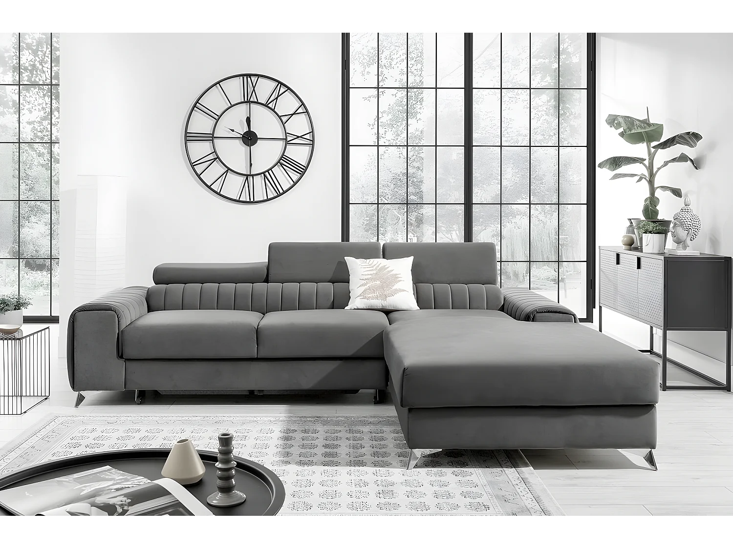 Canapé d'angle convertible en tissu velours Luxe gris, 5 places, angle droit (vu de face) - GRECE VELOURS