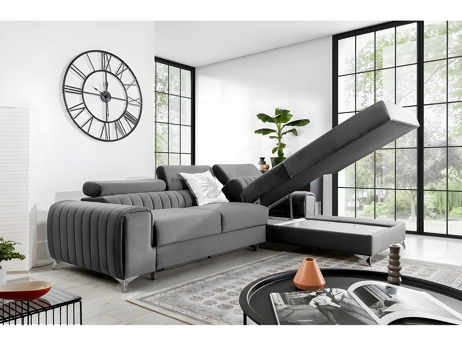 Canapé d'angle convertible en tissu velours Luxe gris, 5 places, angle droit (vu de face) - GRECE VELOURS