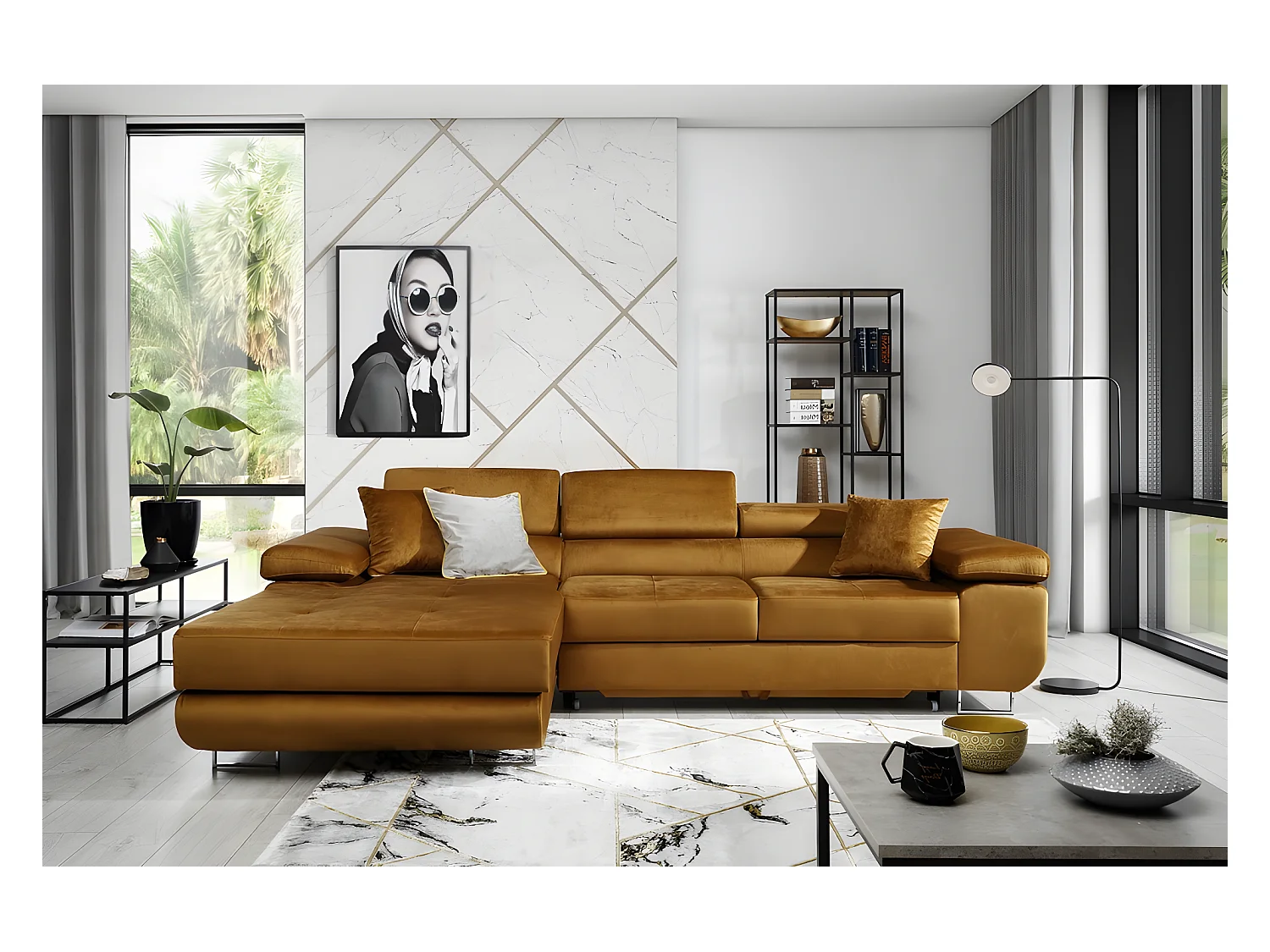 Canapé d'angle convertible ARMEL en tissu luxe 5 places, couleur cuivre, avec coffre, angle gauche (vu de face)