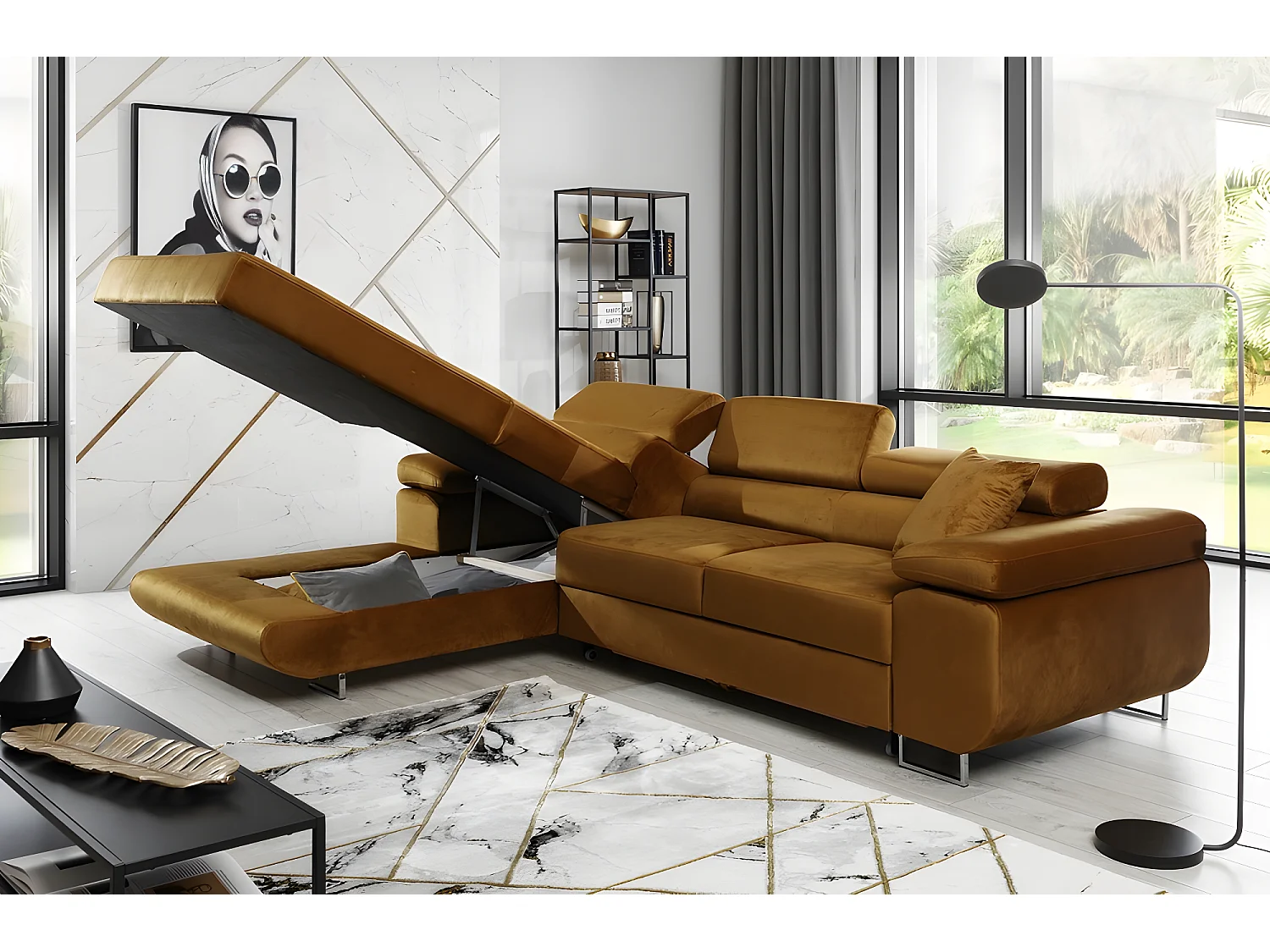 Canapé d'angle convertible ARMEL en tissu luxe 5 places, couleur cuivre, avec coffre, angle gauche (vu de face)