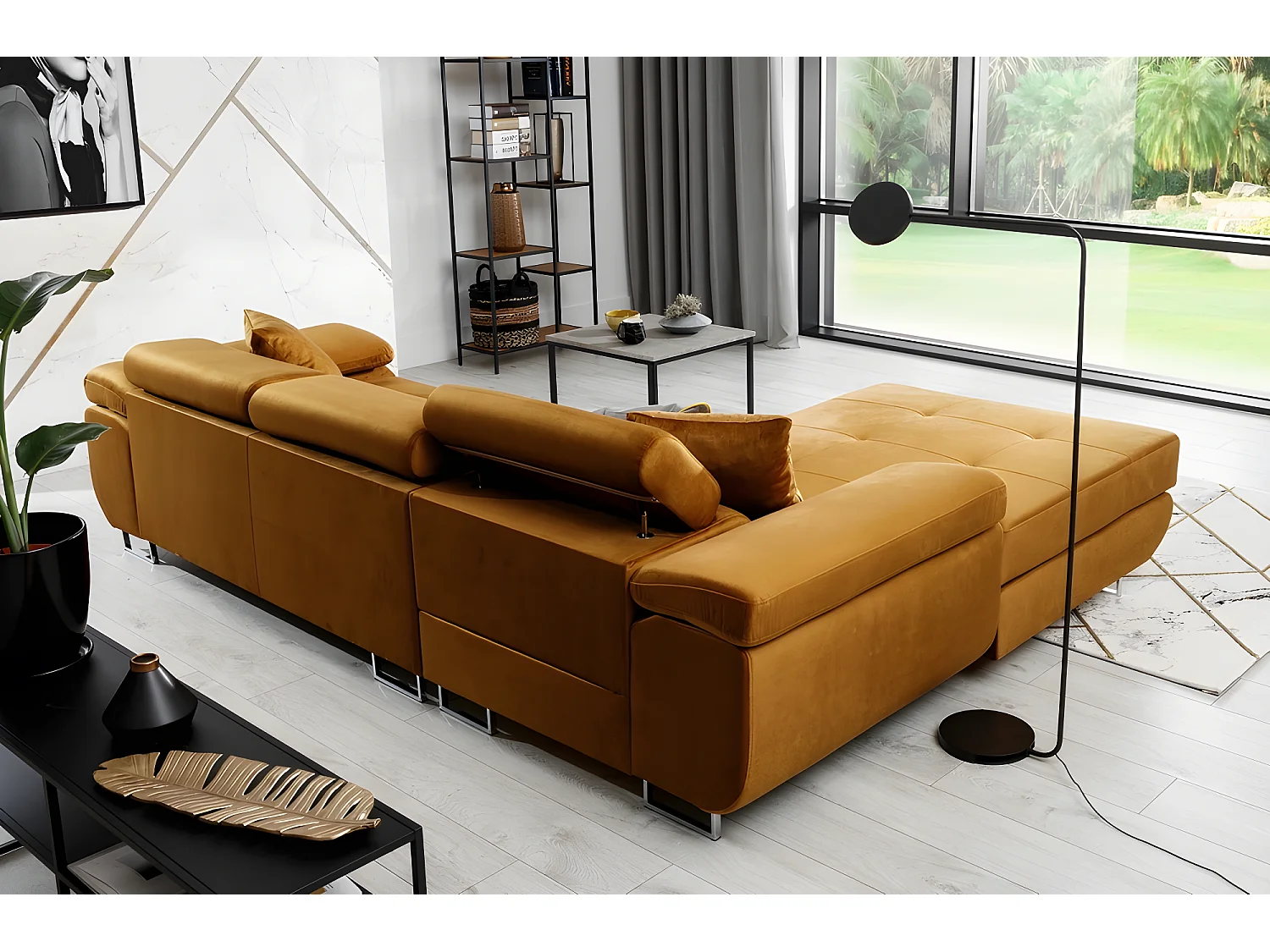 Canapé d'angle convertible ARMEL en tissu luxe 5 places, couleur cuivre, avec coffre, angle gauche (vu de face)