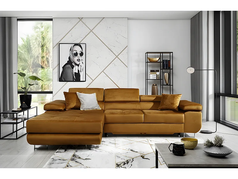 Canapé d'angle convertible ARMEL en tissu luxe 5 places, couleur cuivre, avec coffre, angle gauche (vu de face)
