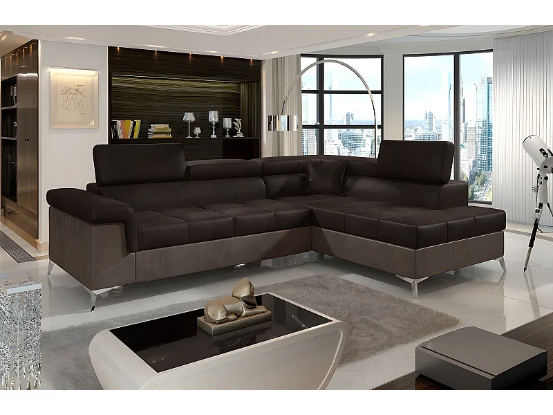 Canapé d'angle convertible - ERIKA - en tissu luxe 5 places, chocolat et marron, angle droit (vu de face)