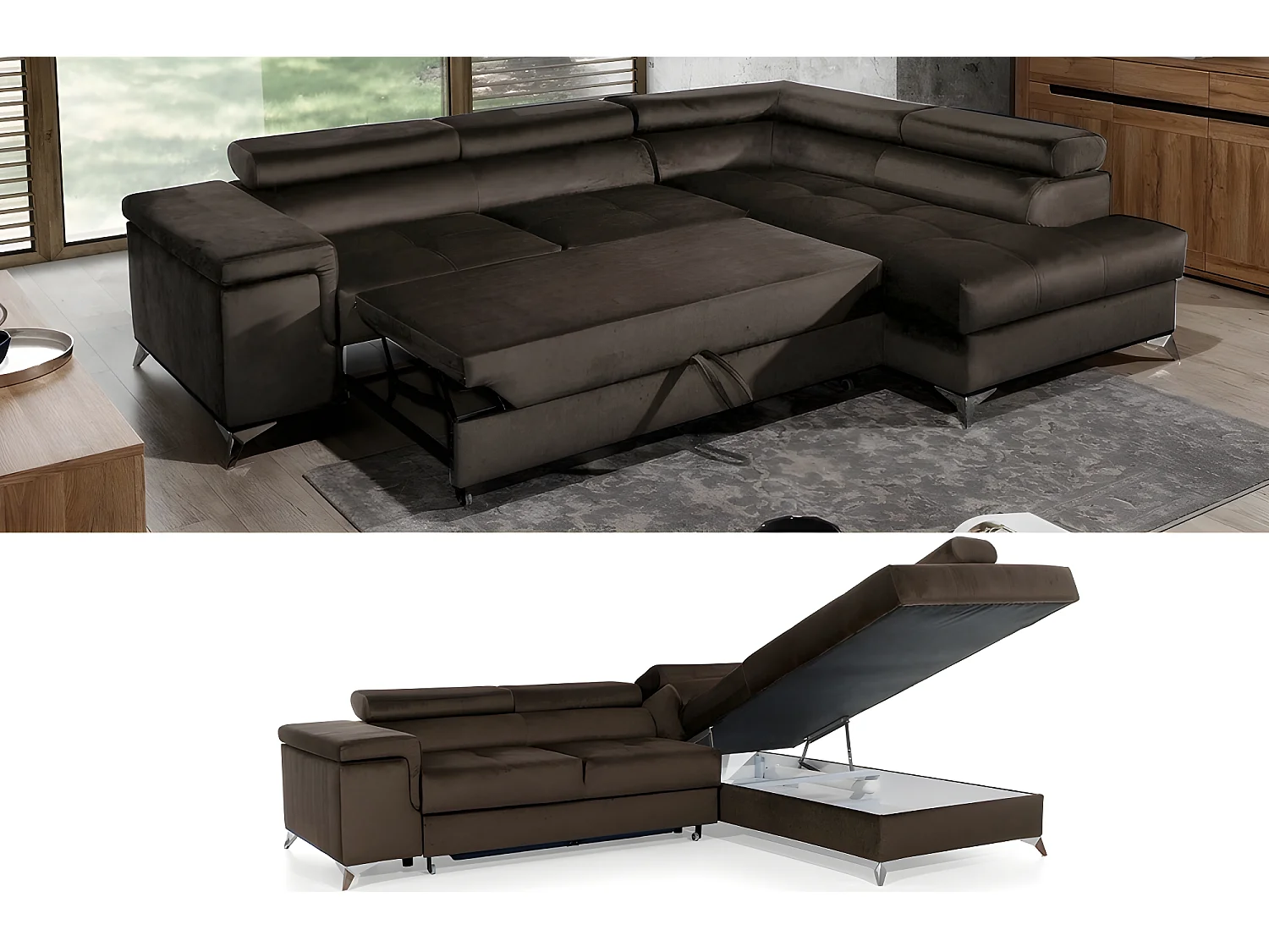 Canapé d'angle convertible - ERIKA - en tissu luxe 5 places, chocolat et marron, angle droit (vu de face)