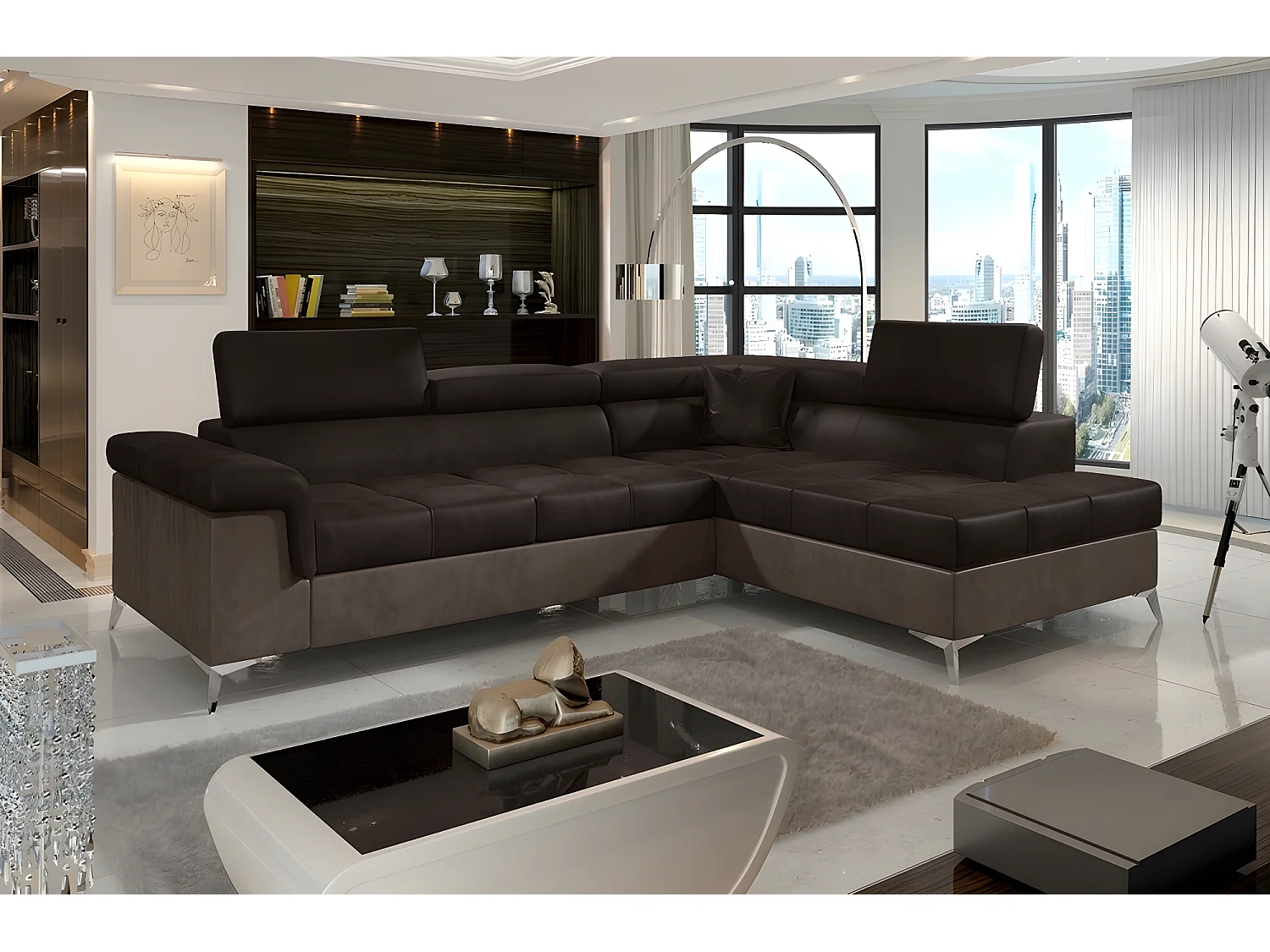 Canapé d'angle convertible - ERIKA - en tissu luxe 5 places, chocolat et marron, angle droit (vu de face)