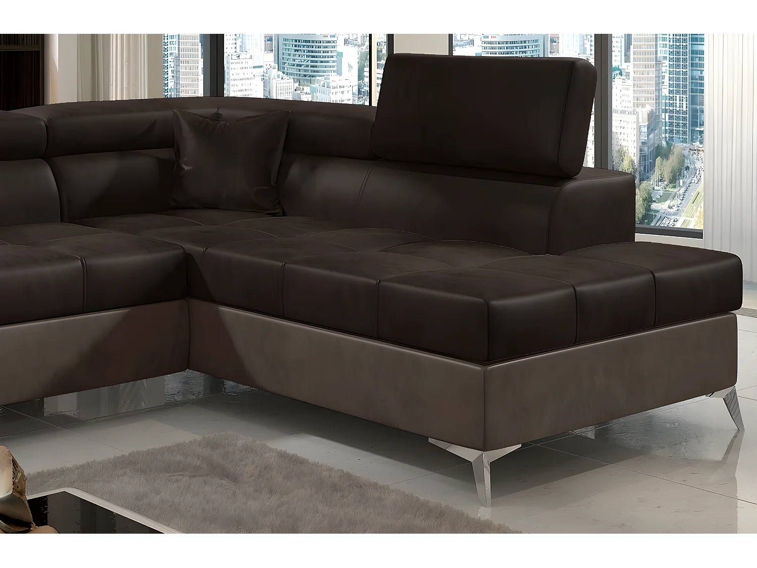 Canapé d'angle convertible - ERIKA - en tissu luxe 5 places, chocolat et marron, angle droit (vu de face)