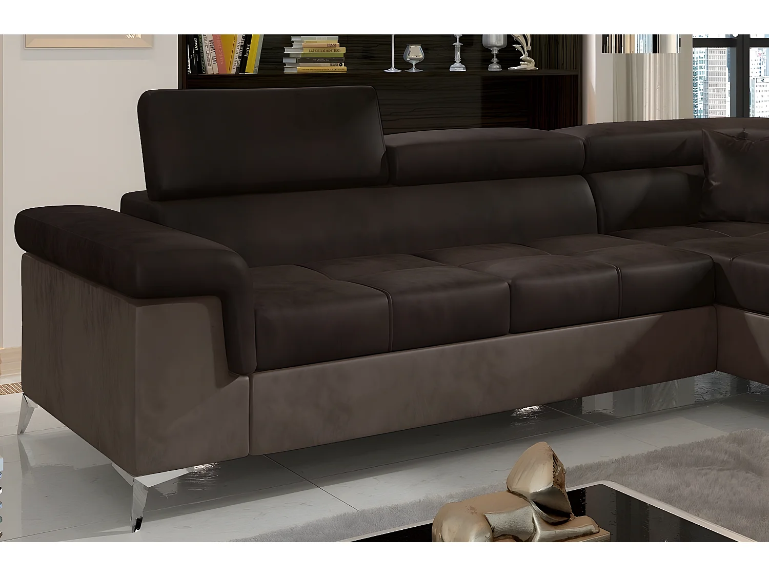 Canapé d'angle convertible - ERIKA - en tissu luxe 5 places, chocolat et marron, angle droit (vu de face)